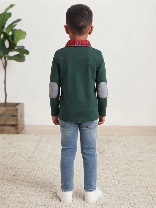 Andy & Evan Long-Sleeve Polo with Red Plaid Collar and Dark Green Body - Image 2