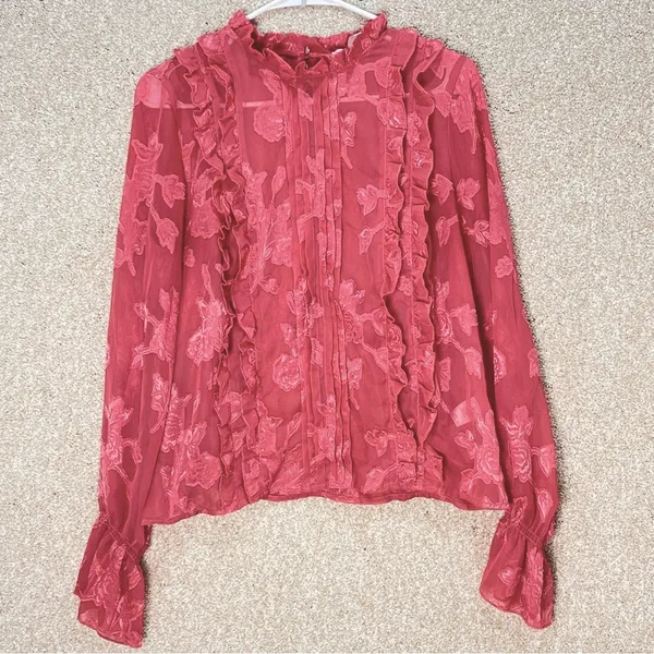 Leith floral blouse sheer ruffle pleated front keyhole‎ back coquette FLAWS - Image 2
