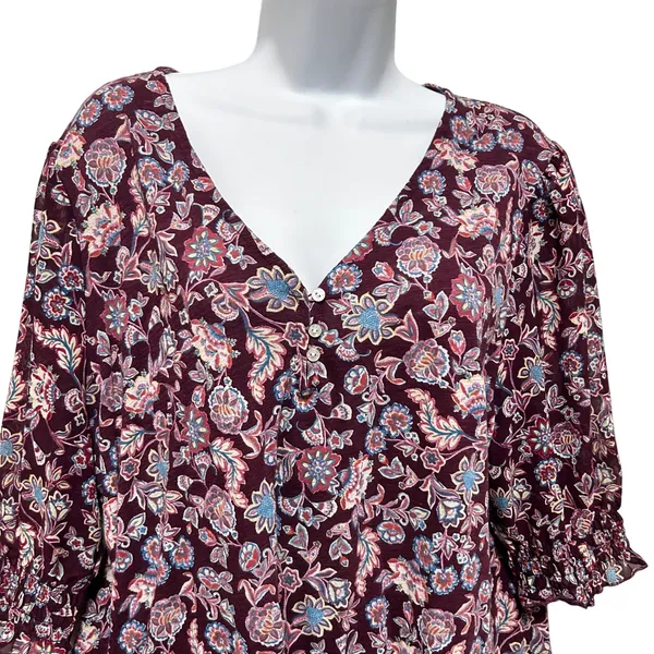 Lucky Brand Women Boho Cottage Floral Top XL Maroon Romantic Fairy Whimsical - Image 3