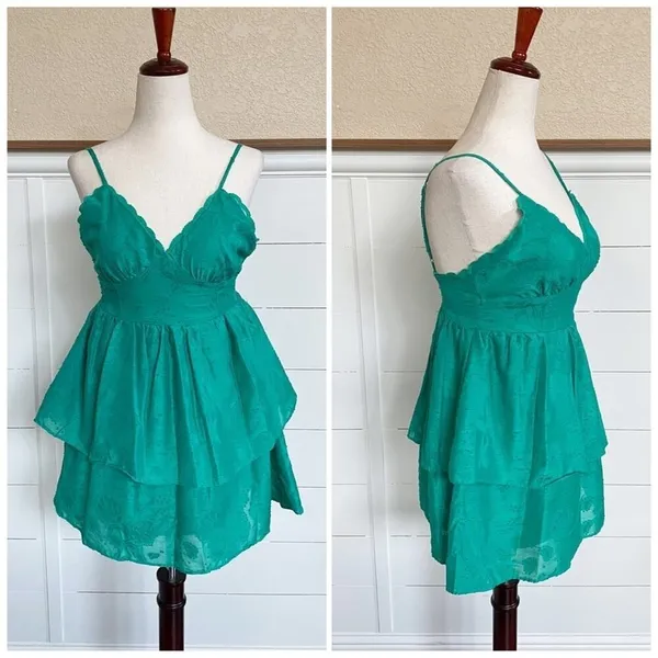 Wild Fable Emerald Green Floral Jacquard Tiered Mini Dress XS NWT Low Back‎ - Image 11