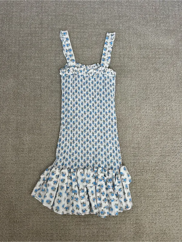 Smocked Blue Floral Ruffle-Hem Mini Dress Size XS - Image 3