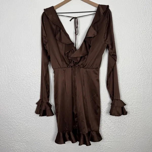 Majorelle Nelly Satin Ruffle Long Sleeve Mini Dress in Brown Size Medium - Image 3