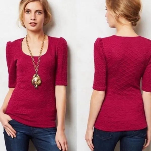 Deletta for Anthropologie‎ magenta textured 3/4 sleeve sweater size s - Image 2