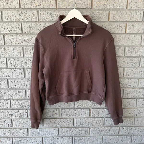 Skims Half Zip Sweater Cropped French Terry Pullover Chocolate Brown Size Small - Image 5