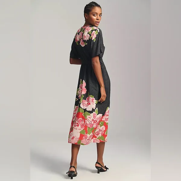 Anthropologie Blank London Tatiana Black & Pink Floral Kaftan Midi Dress - Image 2