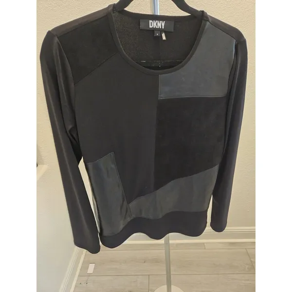 DKNY Faux Leather Suede Patchwork Top Black Mixed Media Long Sleeve Women Size M - Image 2