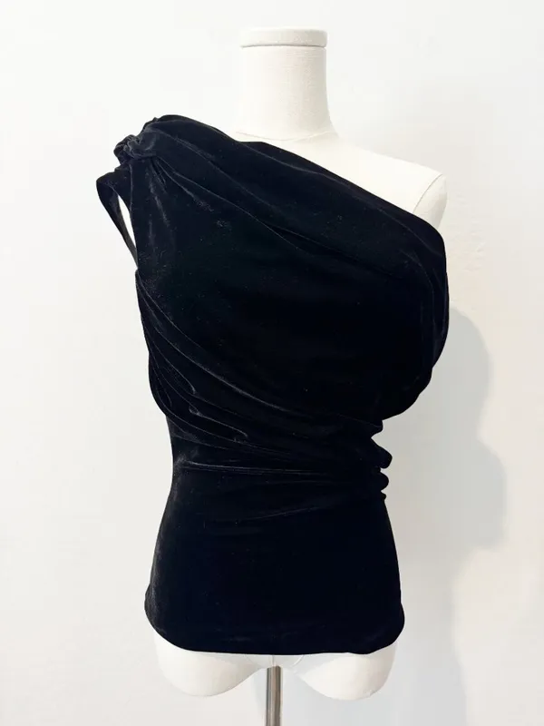 Lovers Friends Willa Top Size Small Black Velvet Asymmetric Ruched Mob Wife Chic - Image 3