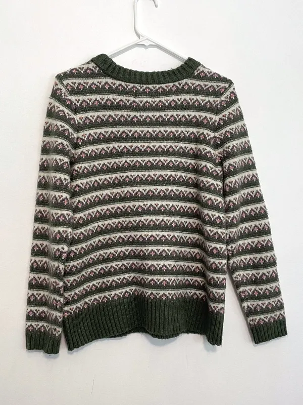 CROFT & BARROW Extra Cozy Sweater Olive Green White Fair Isle Geometric Hearts M - Image 14