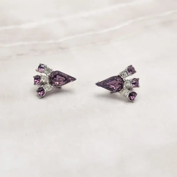 Vintage Bogoff Stamped Clip On Earrings Regal & Elegant Purple and Clear Gems - Image 2