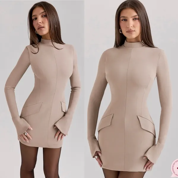 House Of Cb Mahalia Taupe Long Sleeve Mock Neck Mini Dress‎ NWOT Size M - Image 2