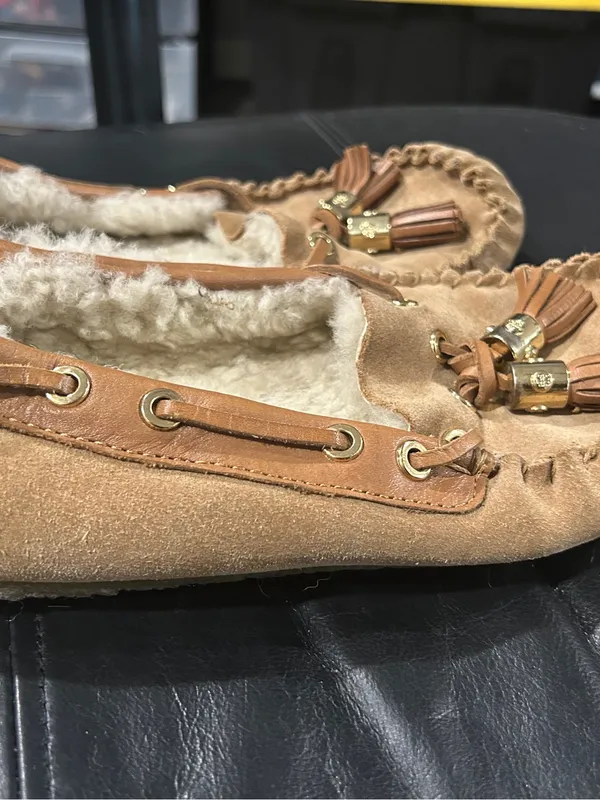 Womens Cozy Tassel Moccasin Slippers in Tan - Image 3
