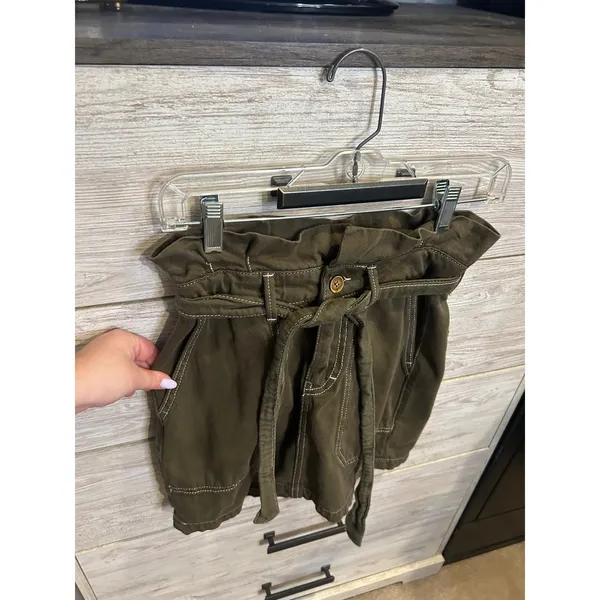 Free People Olive Green Paperbag Waist Utility Mini Skirt Contrast Stitch Size 0 - Image 3