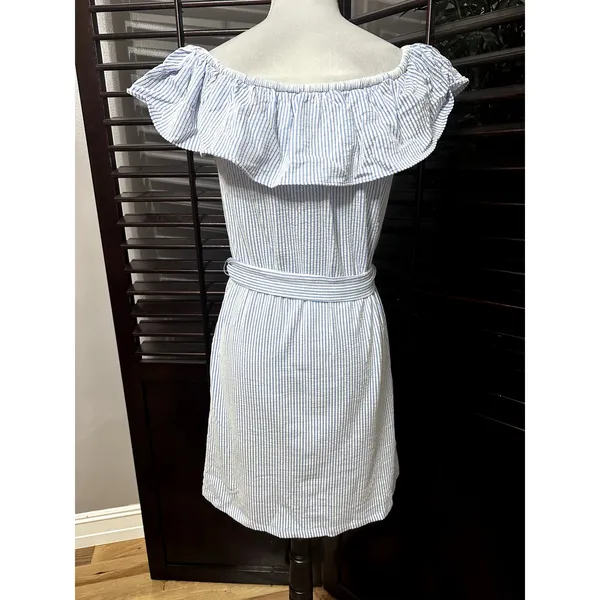Michael Kors Women's Blue/White Striped Off Shoulder Ruffled Dress S NWT - Image 5