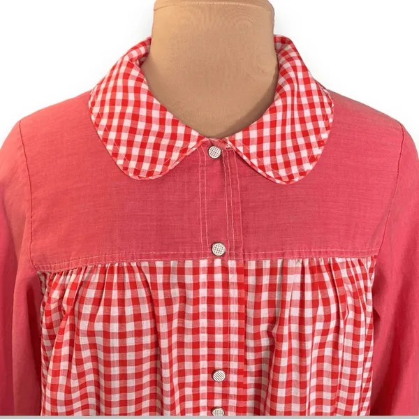 Vintage Red Gingham Smock Dress Peter Pan Collar Pockets Picnic Cottage Midi - Image 4