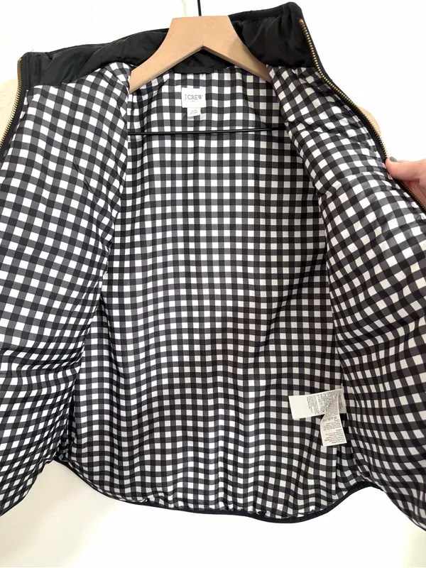 J. Crew Puffer Vest with Snap Pockets, black with gingham lining, size XS - Image 2