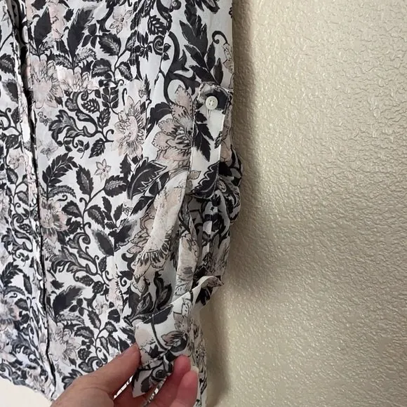 LOFT Pink and Black Floral Print tie up Sleeve Top/Blouse Medium - Image 6
