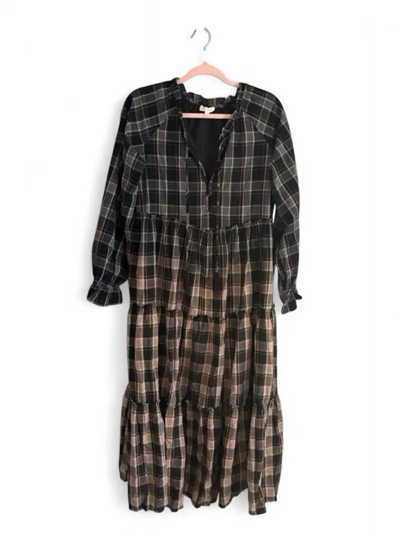 Prómesa Truly Tartan Tiered Midi Prairie Dress Black Brown Ombre Plaid Boho Sz S - Image 3
