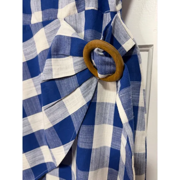 Blue Pepper Blue White Gingham Mini Wrap Dress Wooden Buckle Summer Picnic L - Image 7