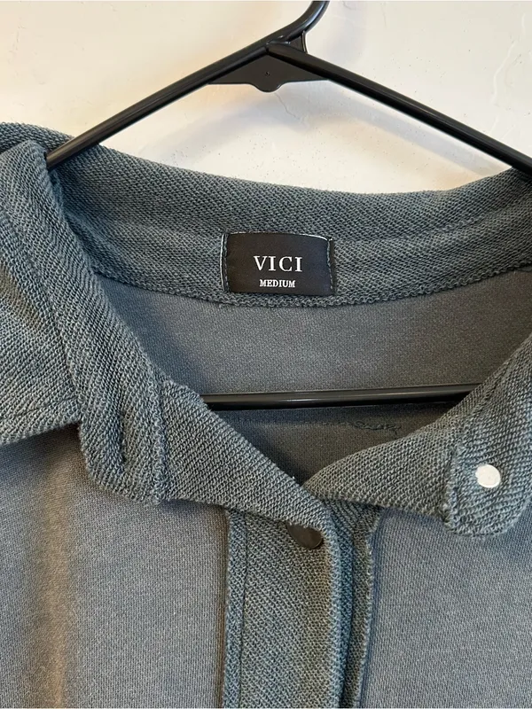 Vici Slate Gray Knit-Trim Button Front Top - Image 2