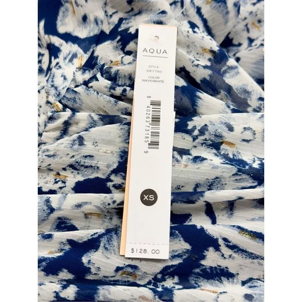 AQUA Blue White Floral Metallic Ruffle Maxi Dress Size Extra Small NWT - Image 7