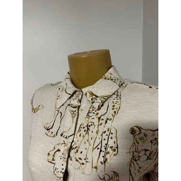 Vintage Big Cat Print Short Sleeve Button Down Shirt Ivory Gold Tiger Cheetah - Image 3