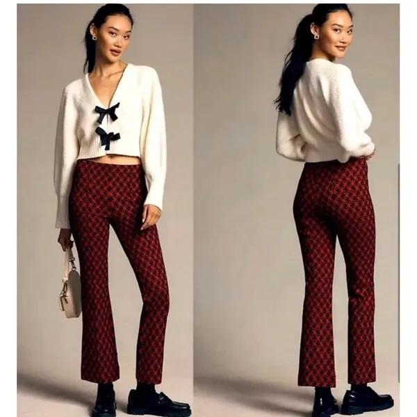Maeve Anthropologie The Margot red Black Geometric Kick Flare Pants XXS - Image 2