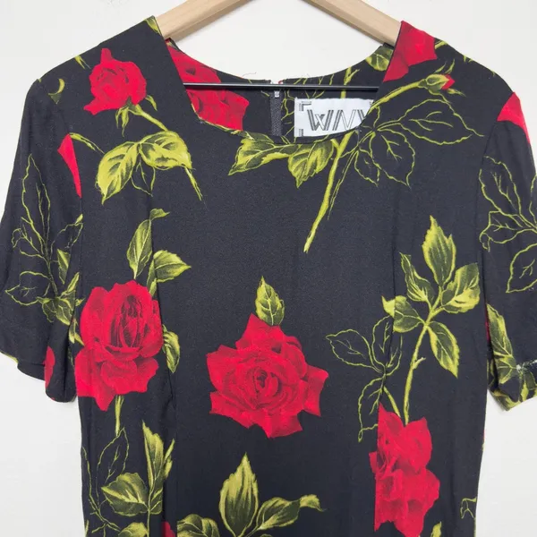 VTG 90s WNY Women Indie Fairy Grunge Maxi‎ Dress Medium Black Roses Short Sleeve - Image 2