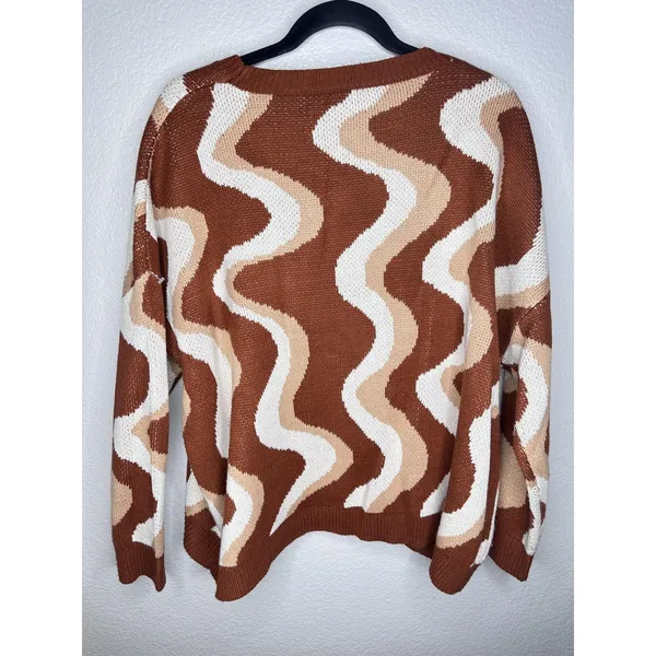 Arula Sweater Womens X Brown Retro Wave Print Crewneck Knit Pullover Plus Top - Image 4