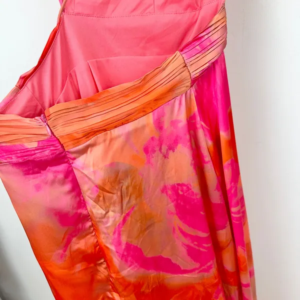 Lulus Dedra Pink and Orange Abstract Pleated Maxi Dress Formal Satin Large NWT - Image 12
