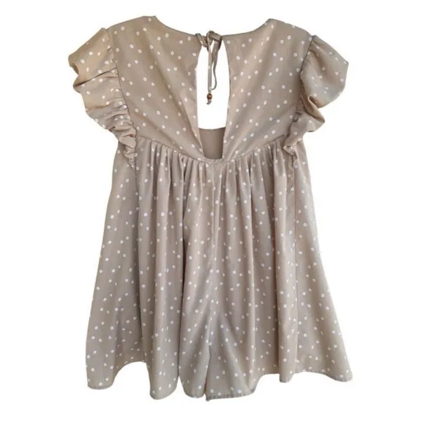 Storia Ruffle Sleeve Romper Large Tan Floral Babydoll Tie Back Boho Cottage - Image 3