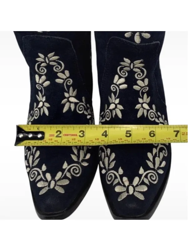 Women's Agave Sky Western Heeled Boots Navy White Embroidered Size 7 Boho Glam - Image 9