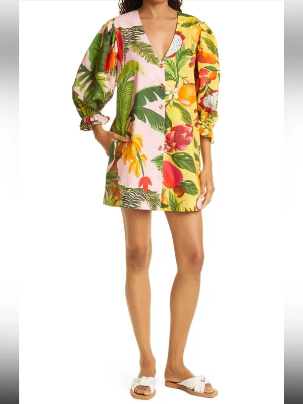 Farm Rio 100% Cotton Tropical Fruit Print V-Neck Mini Dress - Pink Yellow Sz XS - Image 2