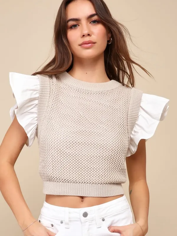 Anthropologie En‎ Saison Knit Sweater Tank Sleeveless Blouse XS Cream Tan - Image 6