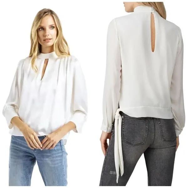 Krisa Ivory Cream‎ High Neck Keyhole Cut Out Front Tie Waist Blouse Size XS - Image 3