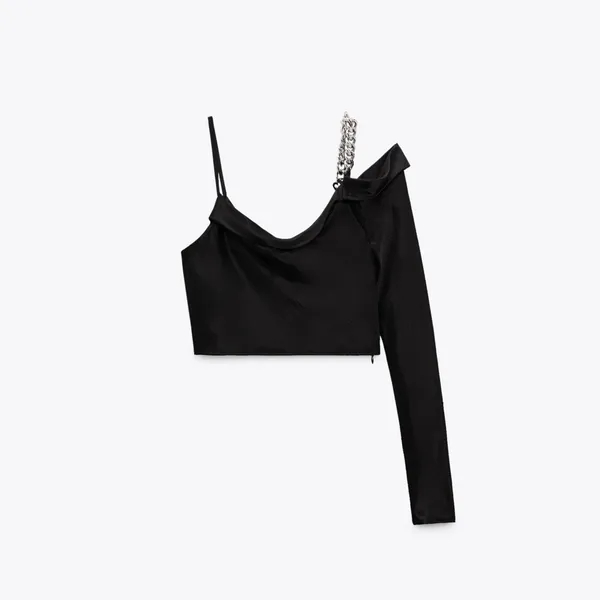 NWT Zara Woman Satin Effect Asymmetric Chain Top Black Top Size M Blogger Fave - Image 7