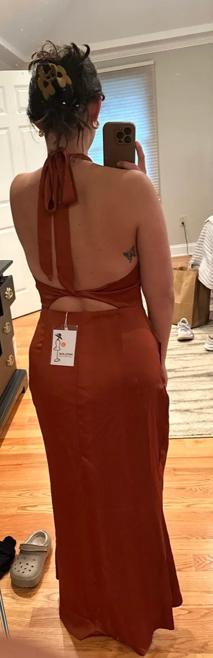 Rust High Neck Satin Maxi Orange Size M - Image 3