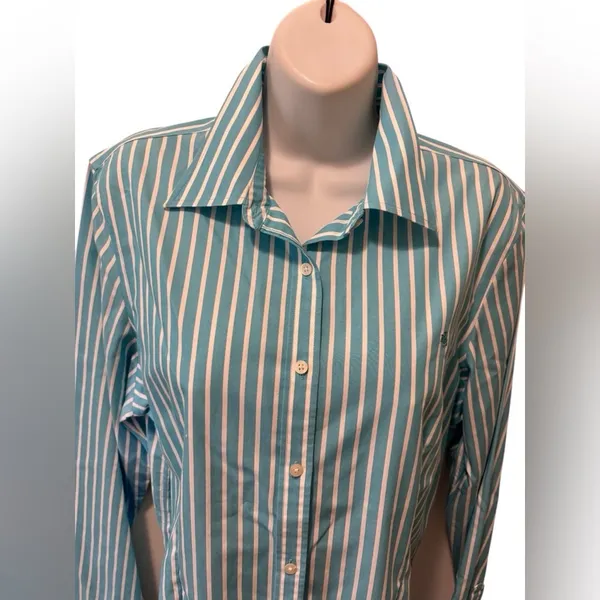 Lauren Ralph Lauren Blue White Stripe Button Down Blouse Sz L 100% Cotton Logo - Image 2