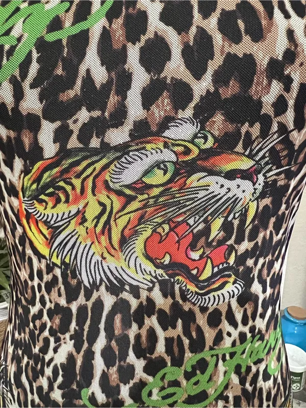Ed Hardy mini dress with leopard print covered in green logo lettering - Image 4