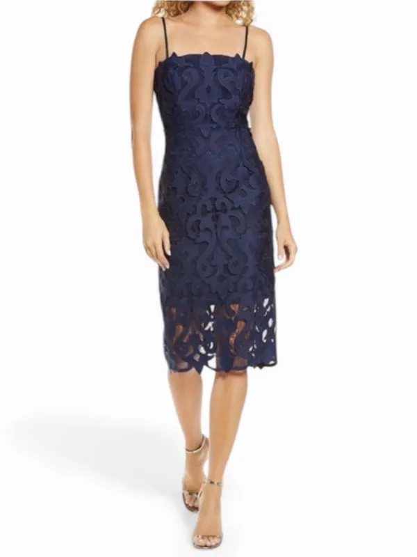 Bardot Women’s Lina Navy Lace Column Shift Square Neck Midi Dress Size 2 NWT - Image 14