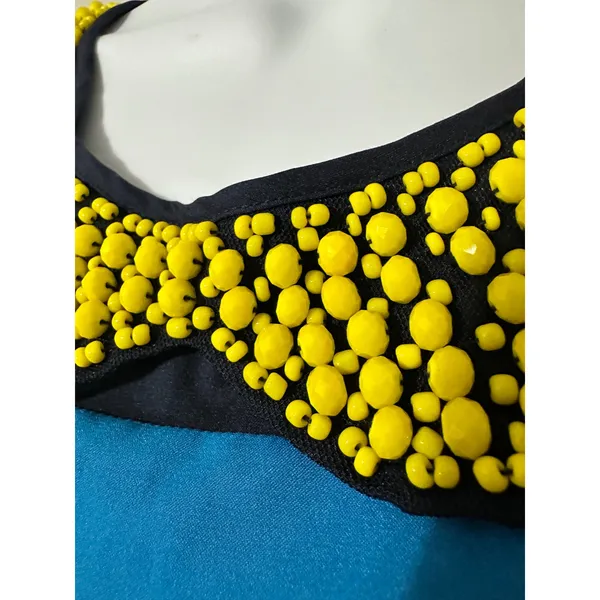 M60 Miss Sixty Striped Sheath Dress Yellow‎ Beaded Peter Pan Collar Size 4 - Image 3