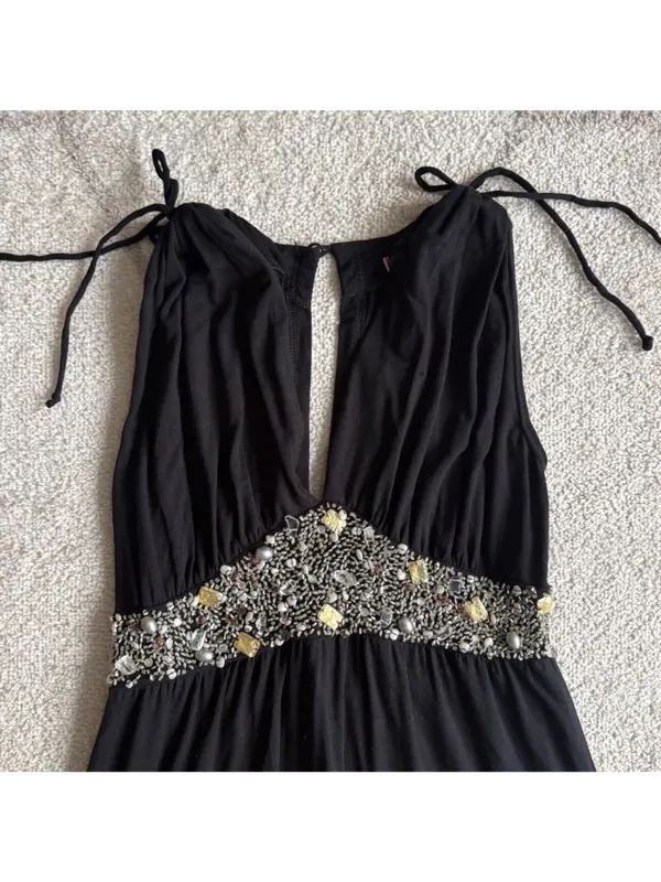 Black Embellished Empire Waist Dress Beaded Tiered Skirt with Tie Straps - Image 8