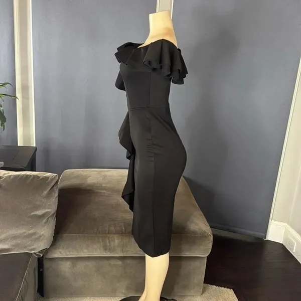 Women’s Black Off-Shoulder BodyCon Midi Dress with Ruffles Size S NWOT - Image 6