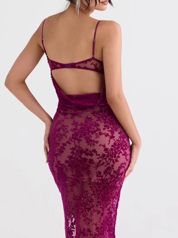 House of CB Ione Cranberry Devore Midi Mesh Burnout Velvet Style Dress Size: S - Image 4