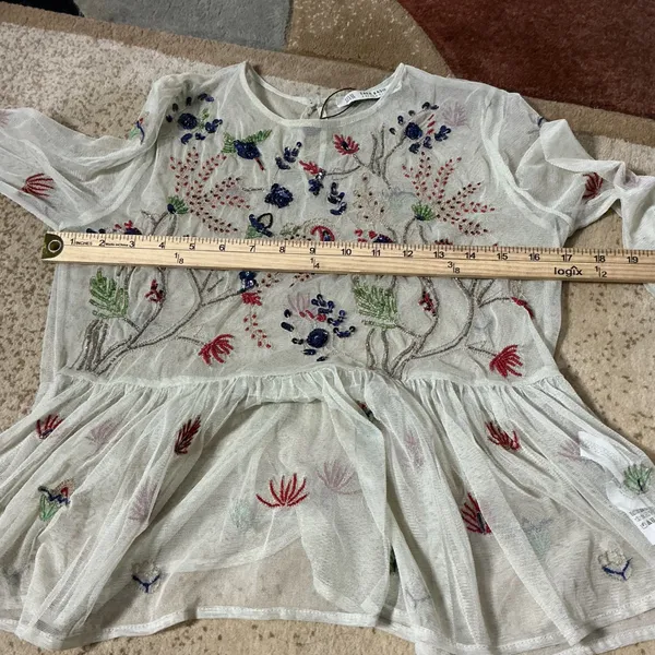 Zara Floral Embroidered Mesh Peplum Top Womens XS Ivory Sequin Sheer Boho Blouse - Image 3