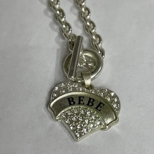 Bebe Necklace Glass Crystal Rhinestone Cast Silver Tone Chunky Heart Pendant 16” - Image 3