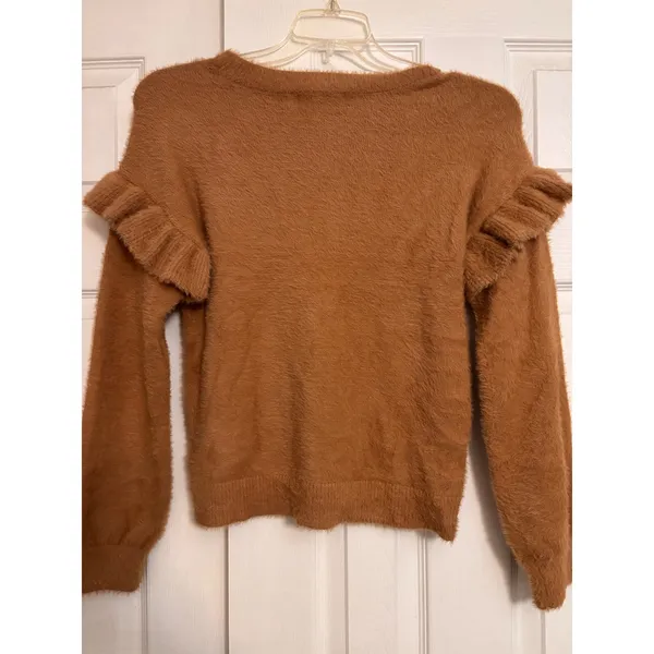 Francesca's‎ Brown Fuzzy Eyelash Knit Ruffle Shoulder Sweater NWT Small - Image 4