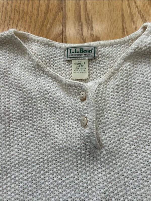 Vintage‎ L.L. Bean Sweater Womens Large Cream Henley Cotton Knit USA Made 90s - Image 4