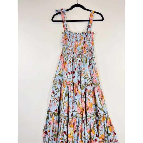 Poupette St Barth Dress Blue Midi Kleid Triny Floral Tank Tiered Smocked Boho XS - Image 9