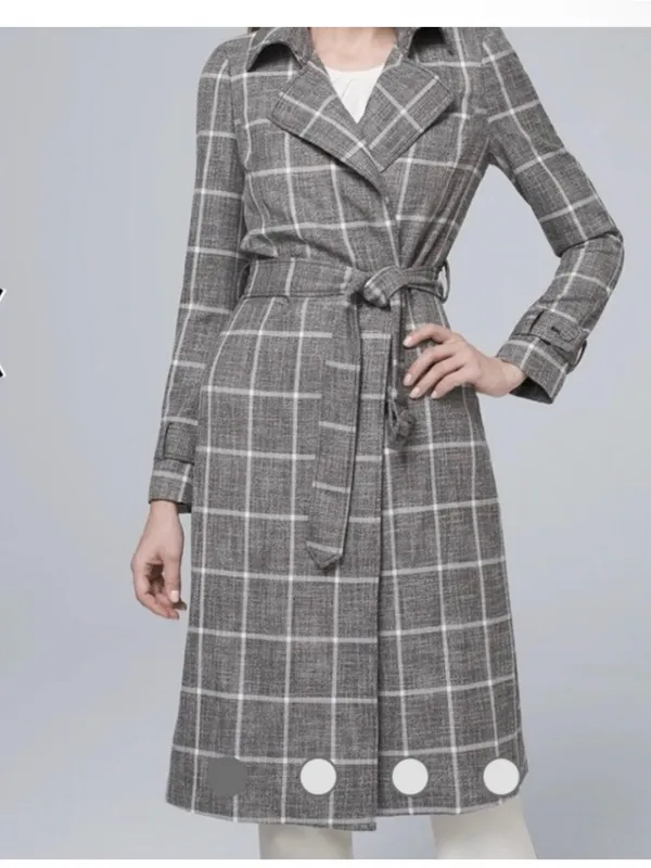 White House Black Market Gray Plaid Belted Trench Coat - Image 3