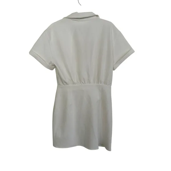 Commense Womens Collared Cuffed Sleeve Button Wrap Short Dress White Medium - Image 3